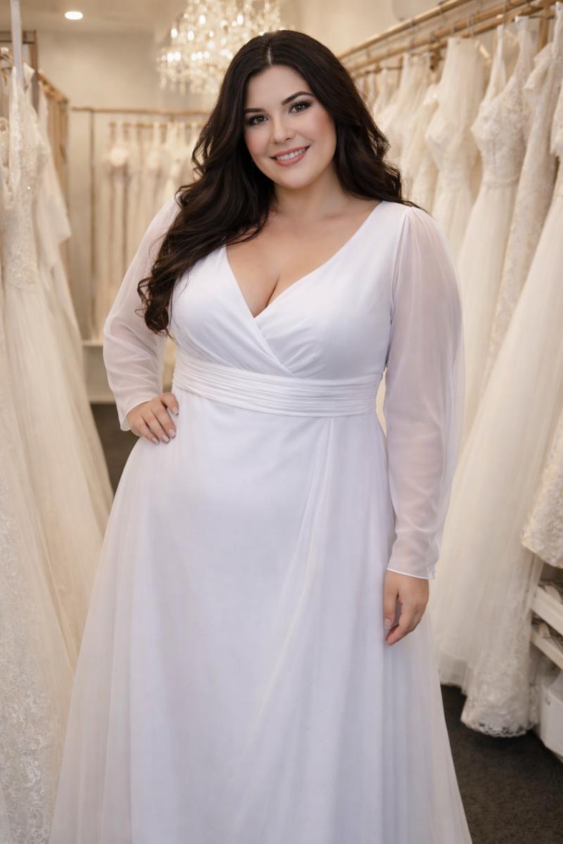 Glimmer brudekjole med lange ærmer plus size – brudekjole fra BrudekjoleOutlet, dansk butik ved København