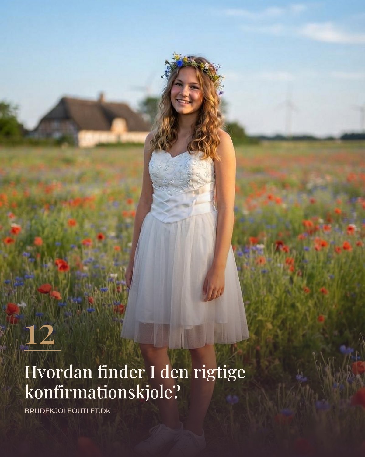 Pige i kort hvid konfirmationskjole med broderet top og tylskørt og blomsterkrans i en sommereng