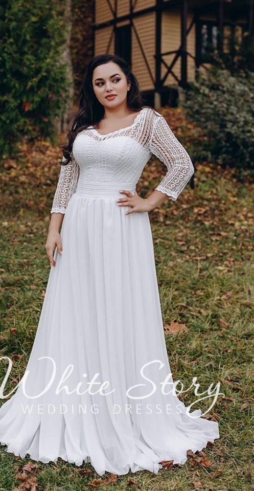 Brudekjole i store størrelser  med ærmer slim, stram, havfrue