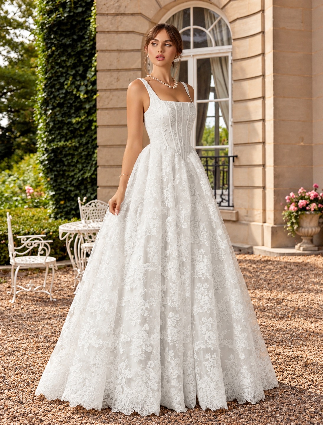 Only brudekjole med blonder, corsage og stropper – wedding dress from BrudekjoleOutlet, Danish shop near Copenhagen