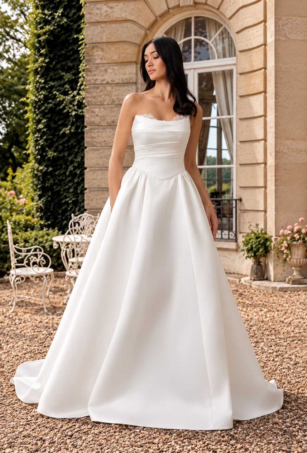 Stropløs corsage brudekjole med lille slæb – wedding dress from BrudekjoleOutlet, Danish shop near Copenhagen