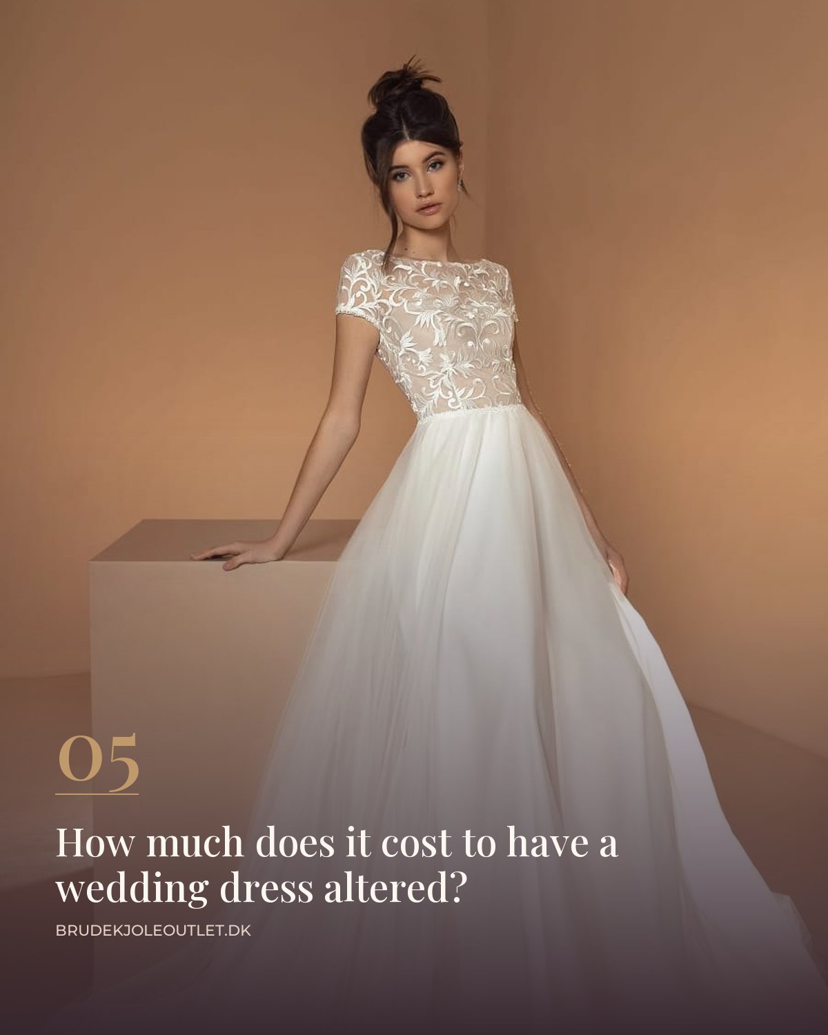 Wedding dress with short sleeves, lace bodice and a light tulle skirt with a train