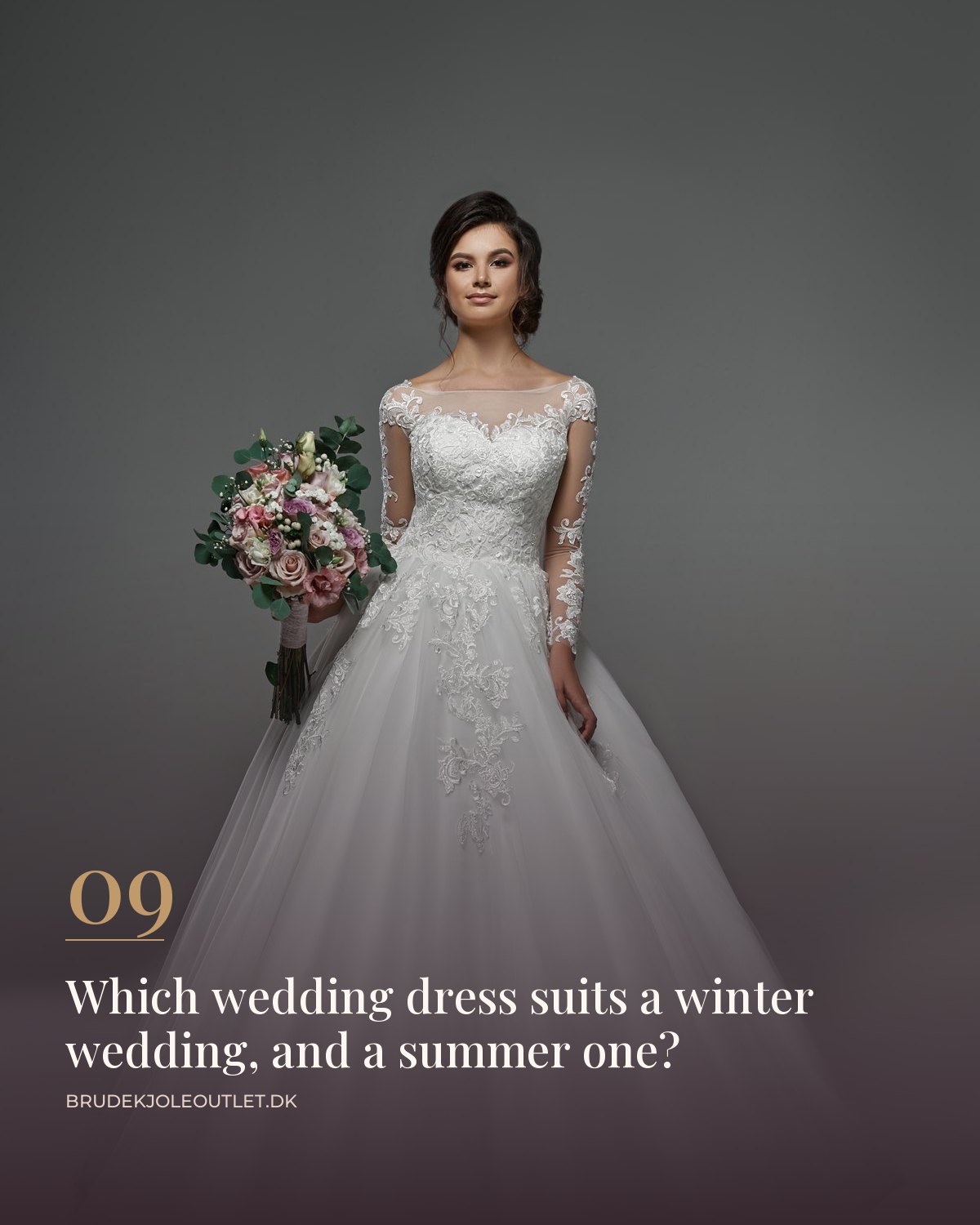 Wedding dress with long lace sleeves and a full skirt, bride holding a bouquet
